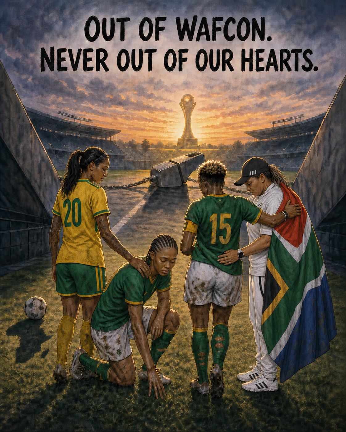 Banyana Banyana players, including number 20 and captain number 15, share a consoling moment with their coach after bowing out of WAFCON, beneath the words Out of WAFCON. Never out of our hearts.