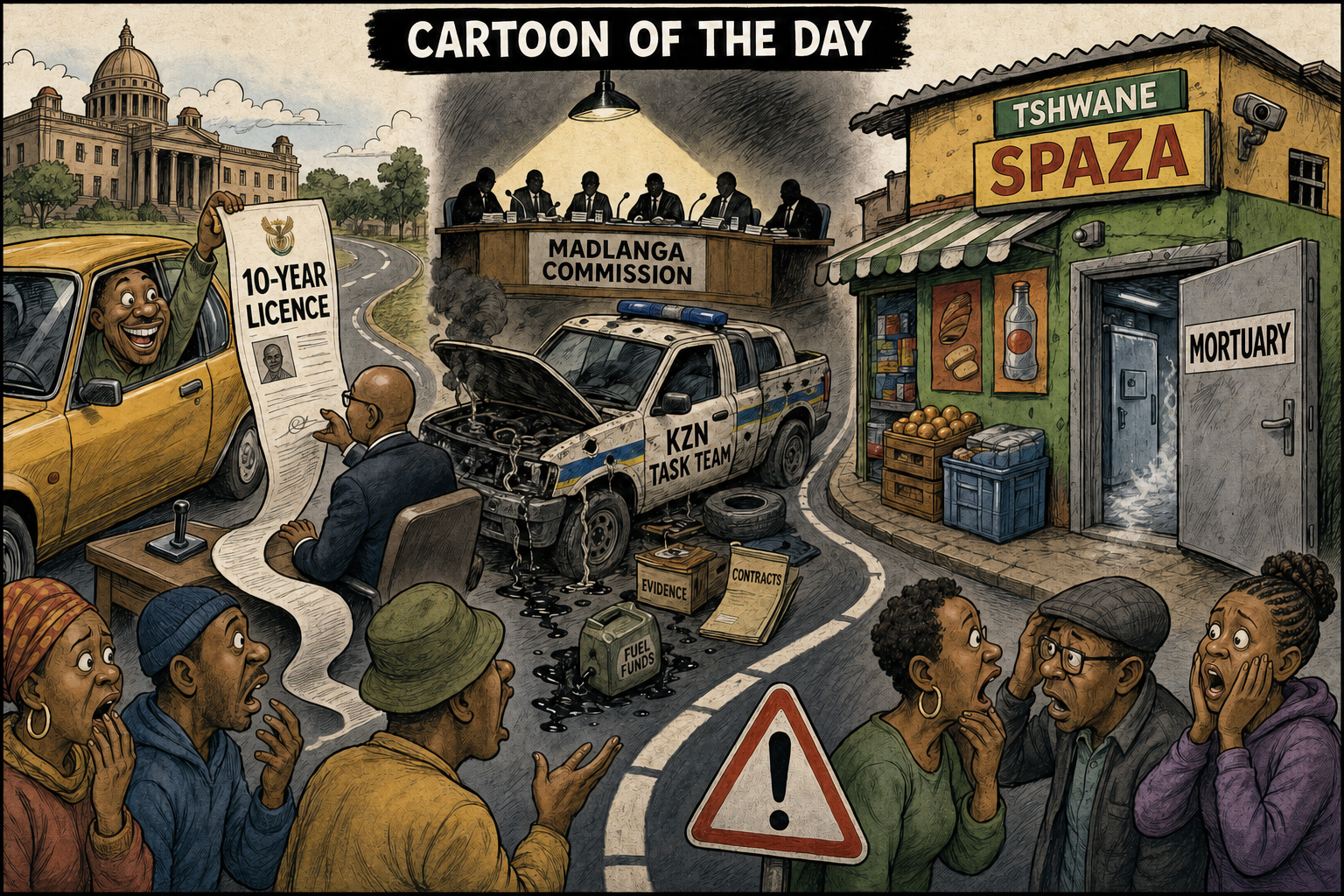 An editorial cartoon connecting South Africa's 10-year driving licences, the Madlanga Commission hearings into alleged KwaZulu-Natal police task-team corruption, and a mortuary discovered inside a Tshwane spaza shop.